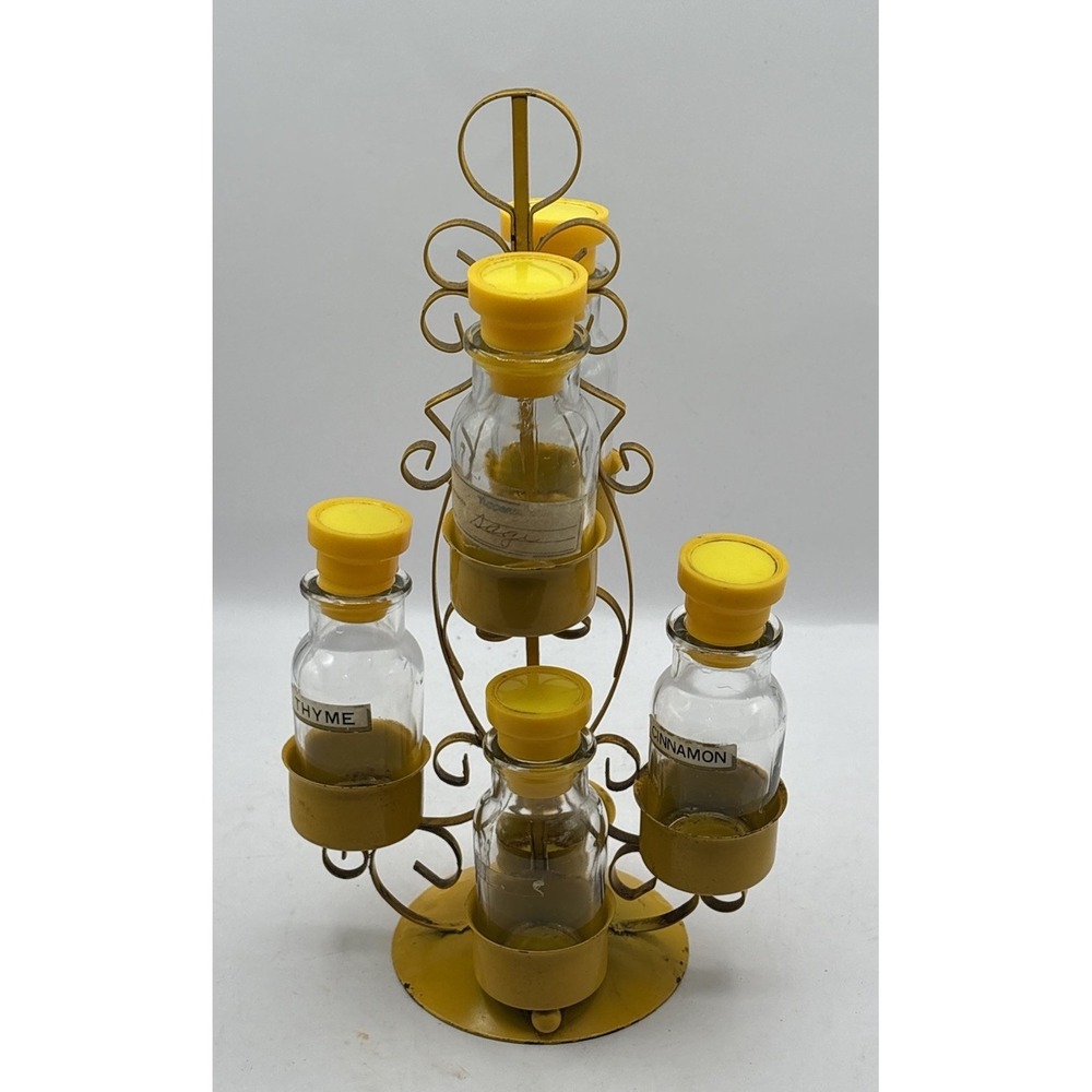 Vintage Yellow Metal Spice Rack Decorative Scroll With 5 Glass Spice Jars Lids